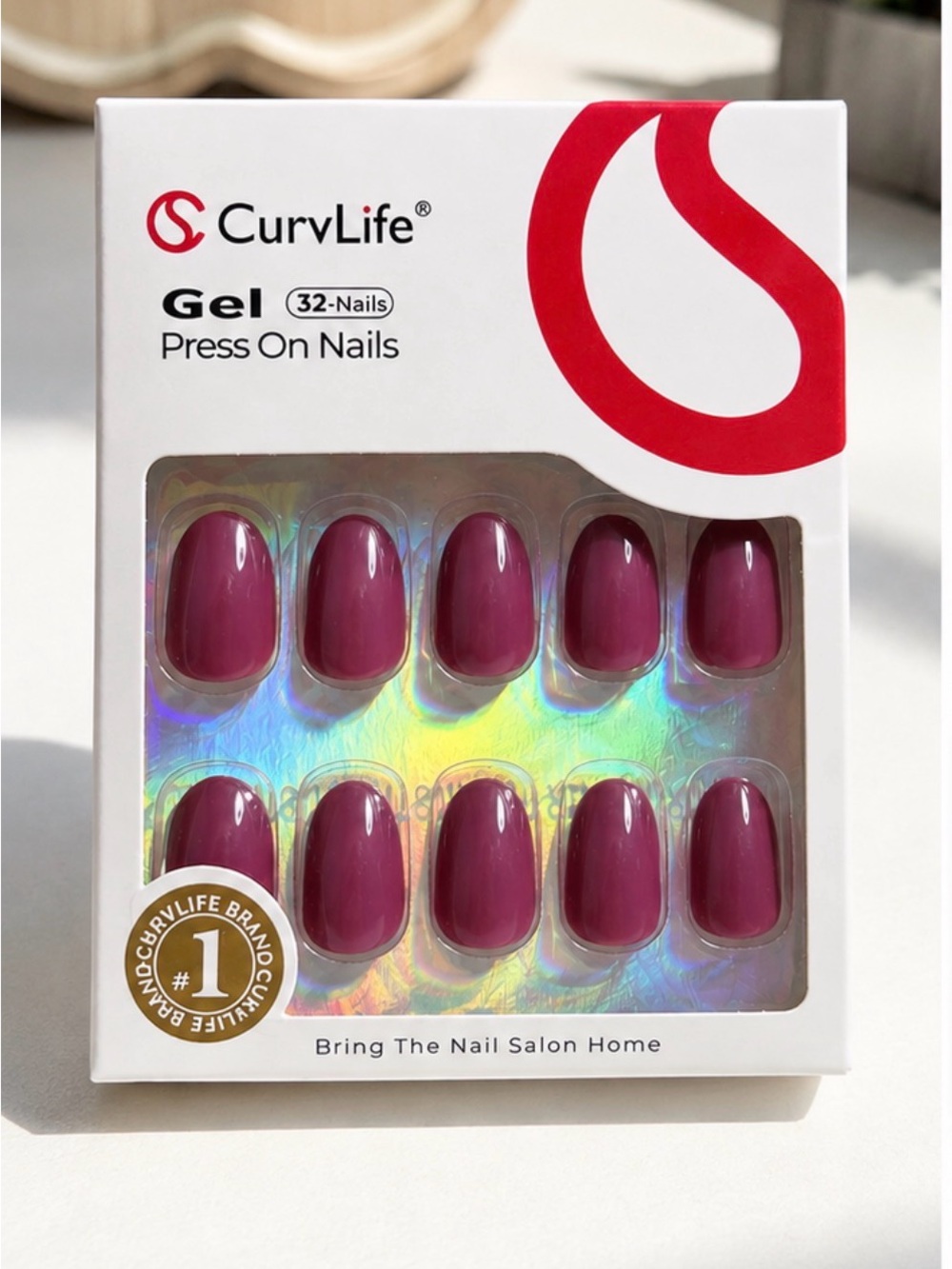 CurvLife Gel Press On Nails 32-Piece Deep Plum Burgundy Glossy